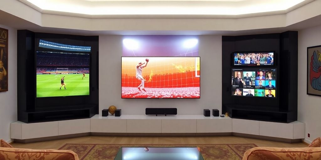 Televisores mostrando contenido deportivo y de entretenimiento - IPTV España 2025
