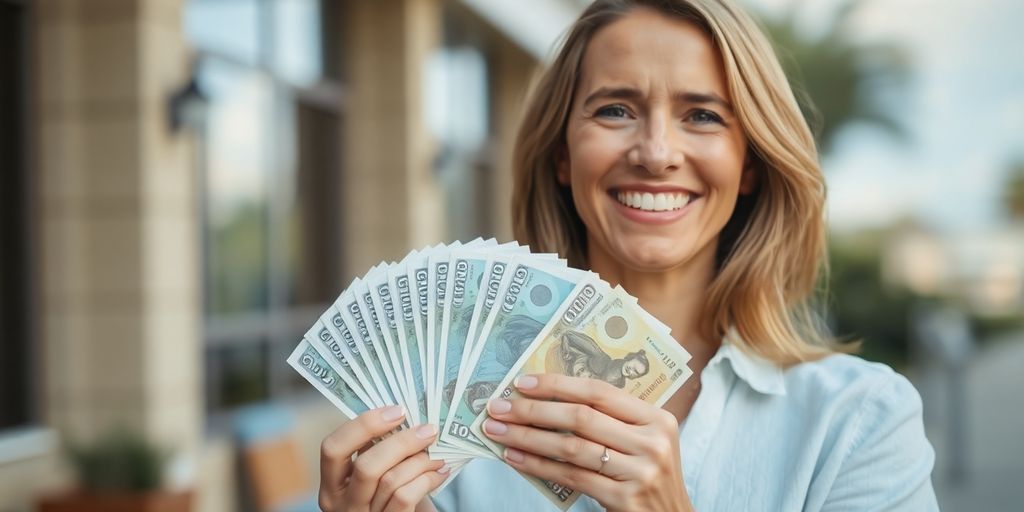 Woman smiling, holding Australian dollar bills.