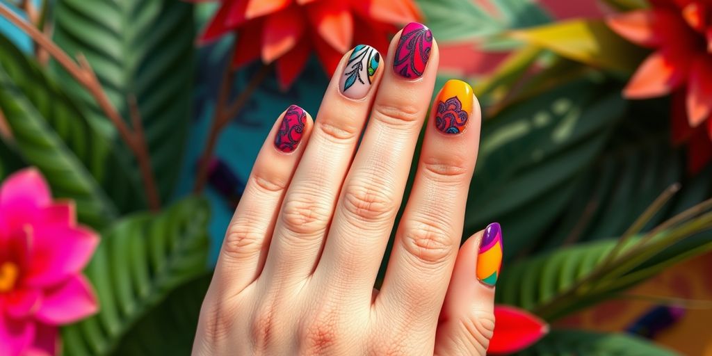 Unhas curtas decoradas com design maximalista vibrante.