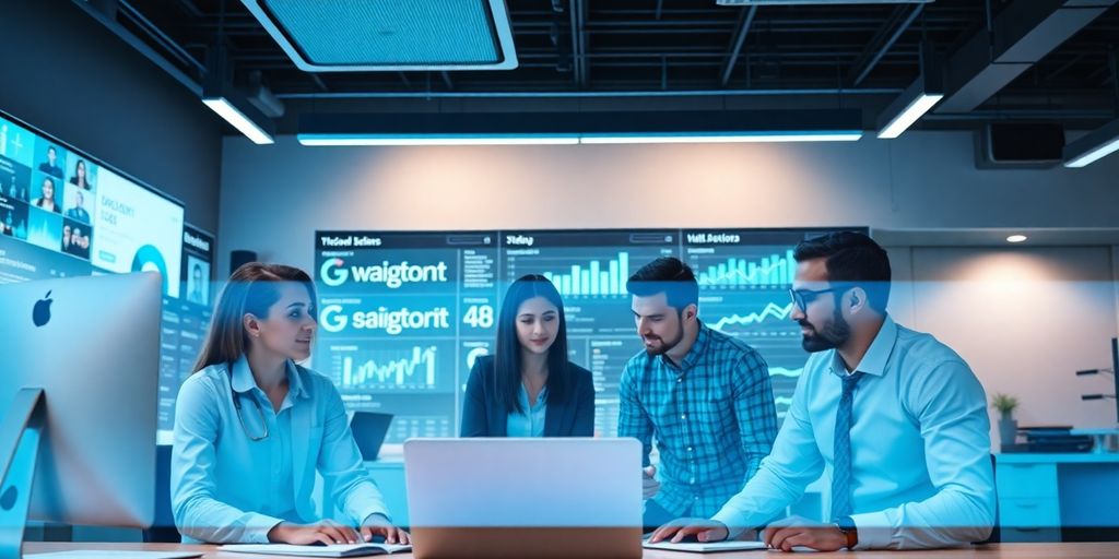 Profissionais de marketing digital em ambiente moderno.