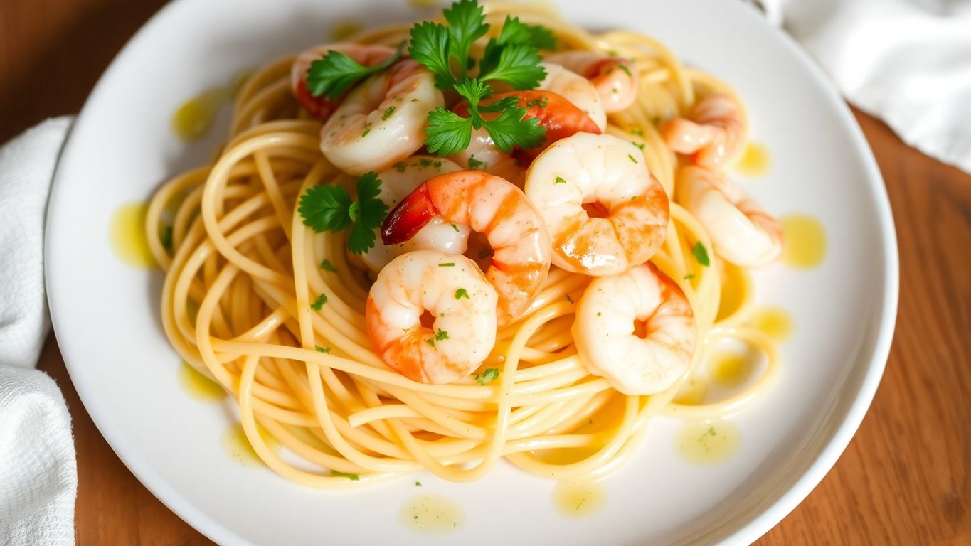 Espaguete com camarão scampi bem apresentado.