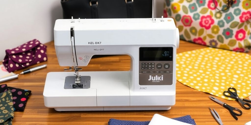 Juki HZL-DX7 sewing machine with colorful fabrics.