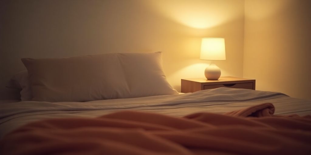 Cozy bedroom with soft bed and warm lighting.