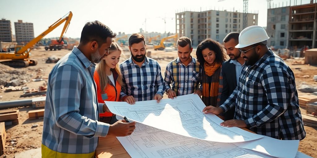 Architects reviewing blueprints with construction workers.