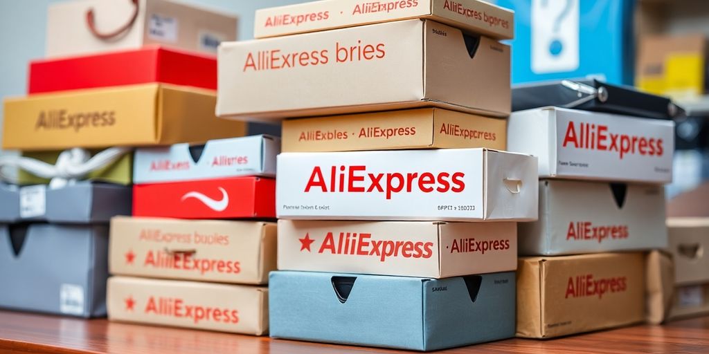 AliExpress packages stacked on a table, colorful products visible.