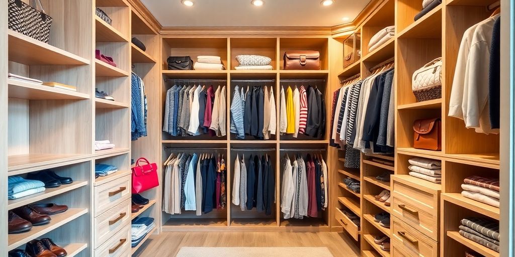 Custom closet interior with organized clothes.