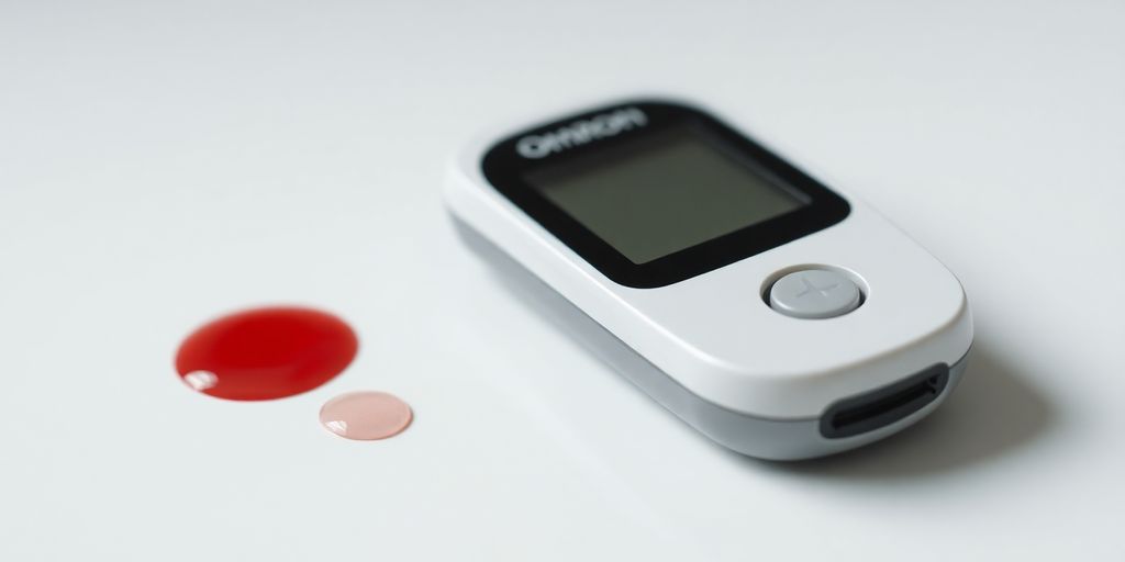 Omron glucometer device with blood drop.