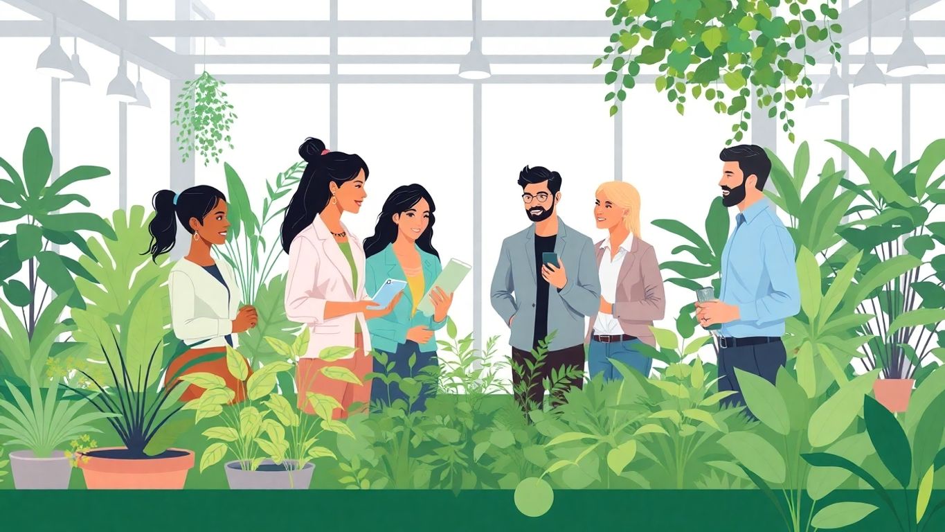 Gründere i samarbeid i en næringshage med planter.