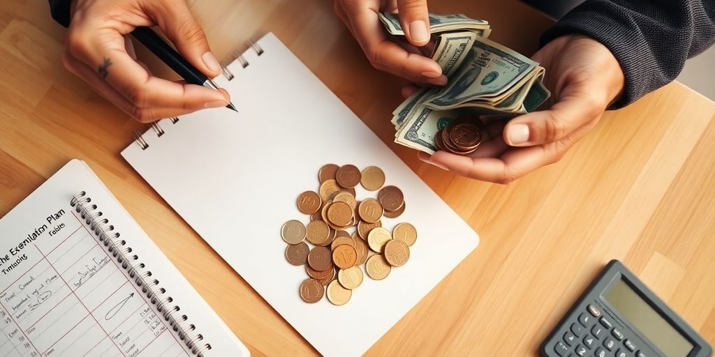Person counting cash with a calculator and budget notepad.
