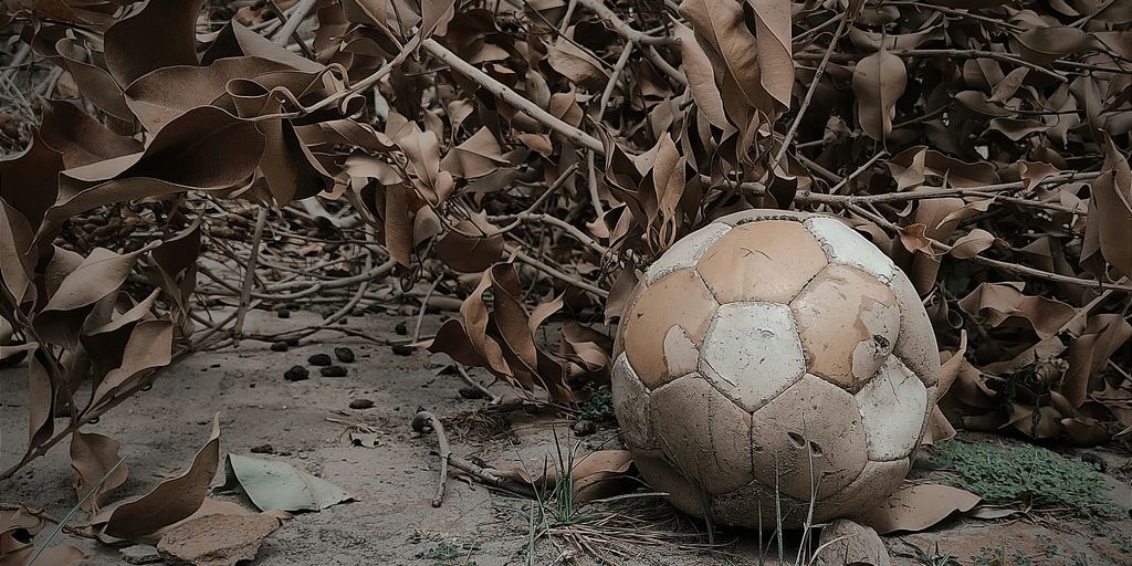 a soccer ball sitting on the ground surrounded by leaves