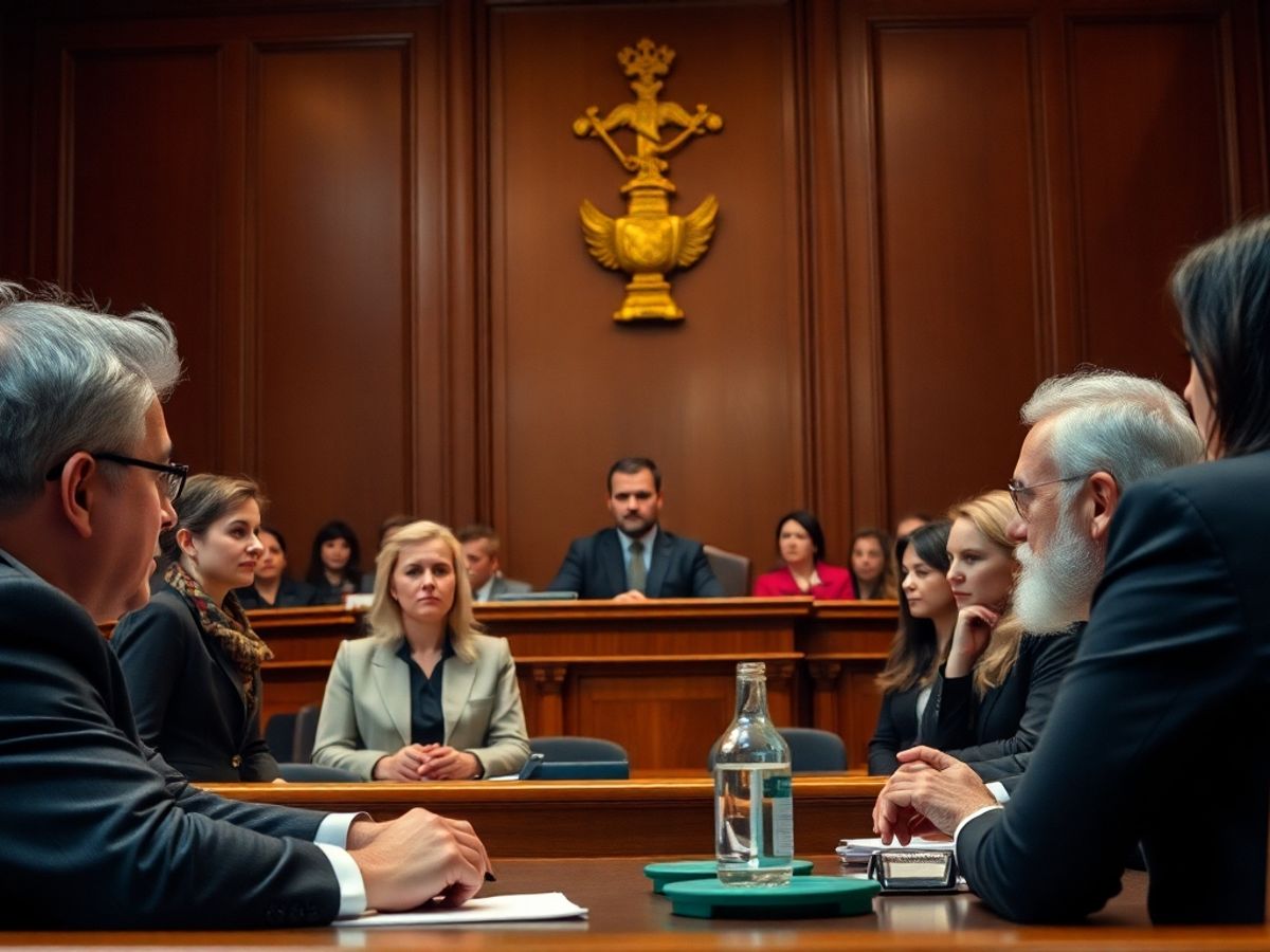 Scenă de judecată cu avocați și judecător.