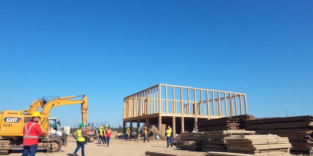 Construction site with workers, equipment, and new building.