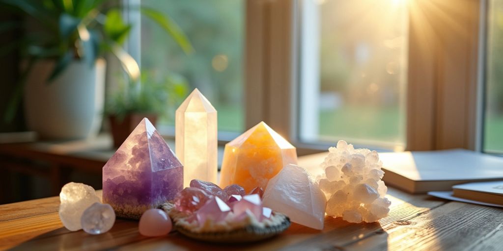 Cristalli su tavolo di legno con luce naturale