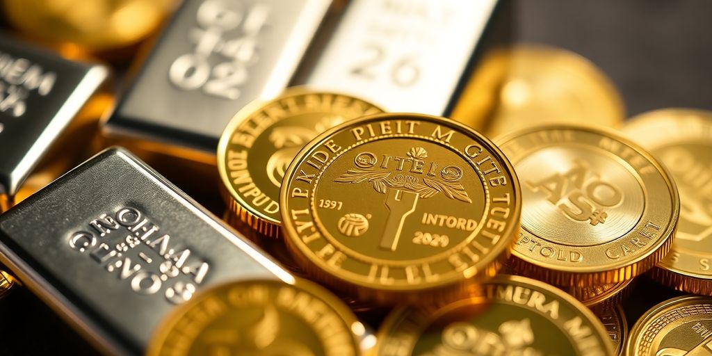 Pièces d'or et lingots d'argent sur fond flou.