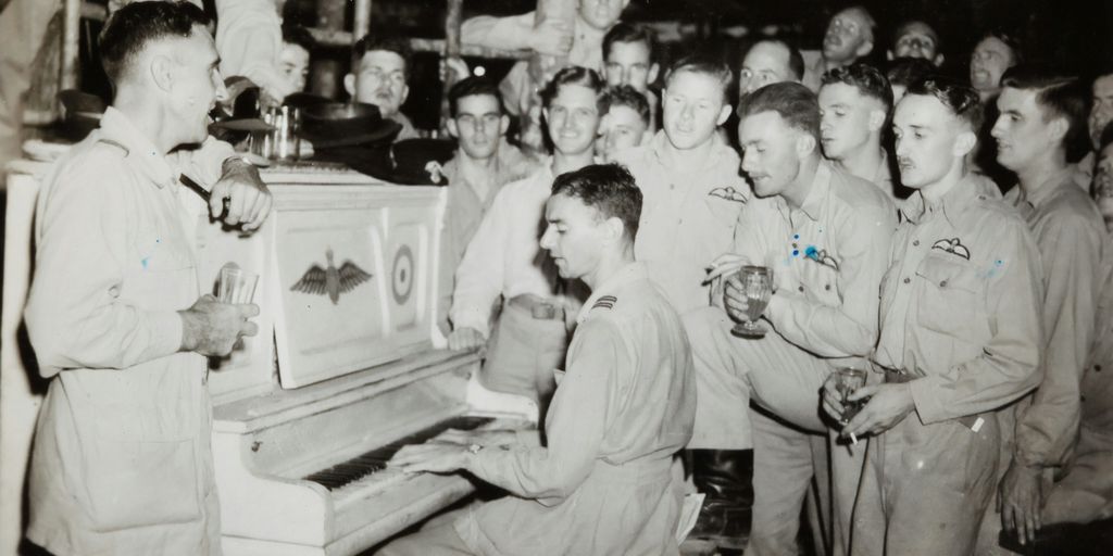 grayscale photo of 4 men standing beside piano