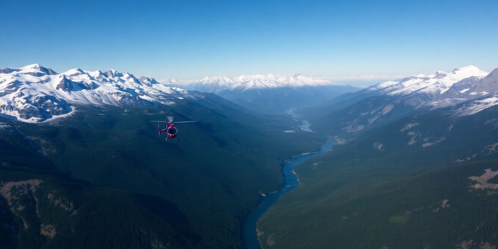 A helicopter flying over a vast, wild landscape of mountains.