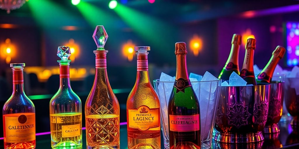 Luxurious bottle service setup with champagne and glowing lights.