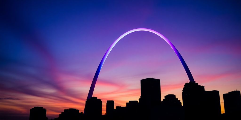 St. Louis skyline with vibrant, abstract colorful light streaks.
