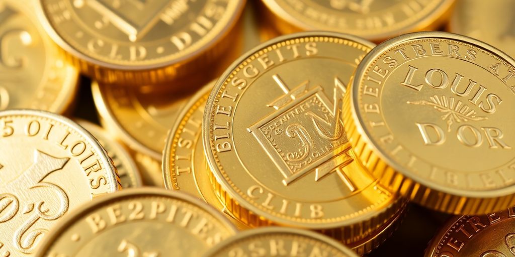 Des pièces d'or Louis d'or, une près de l'autre.