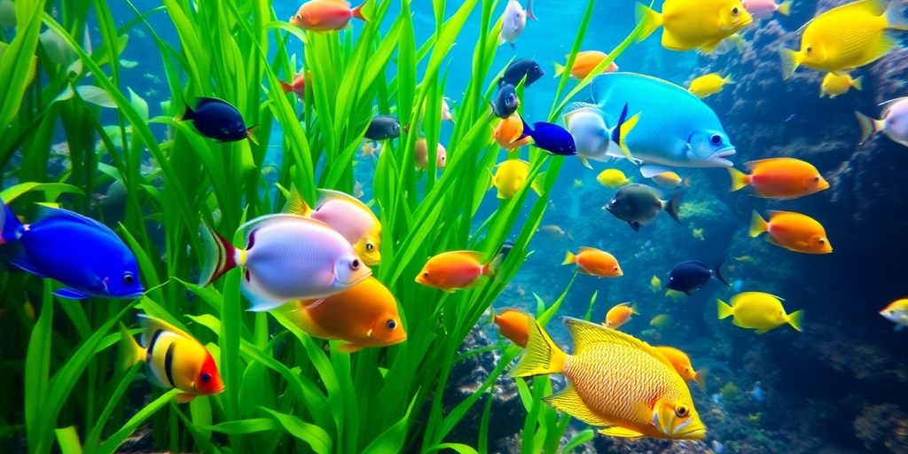 Makukulay na tropikal na isda na lumalangoy sa isang masaganang aquarium.