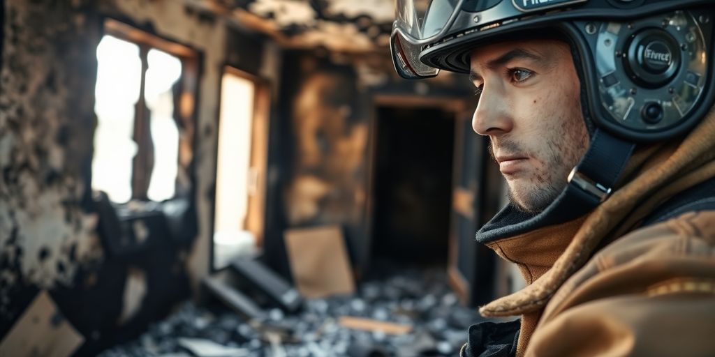 Firefighter examining fire damage in a burned building.