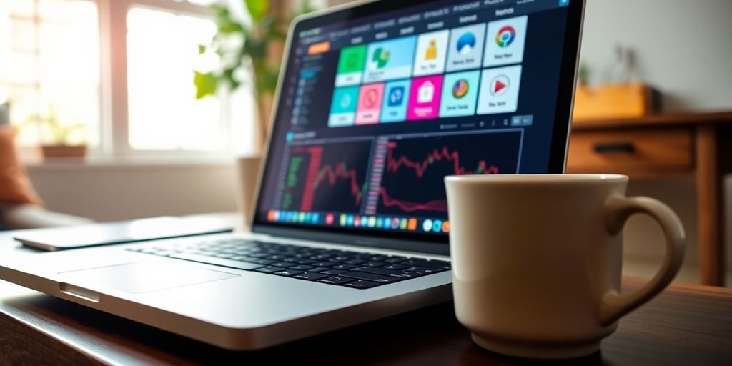 Laptop and coffee in a cozy trading workspace.