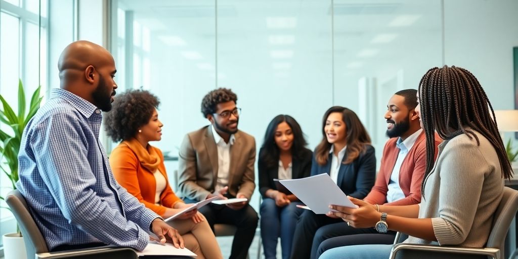 Small business owners discussing insurance in a bright office.