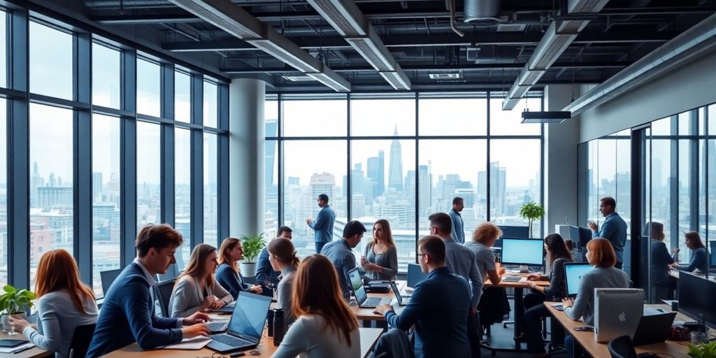 Diverse professionals collaborating in a fintech office space.