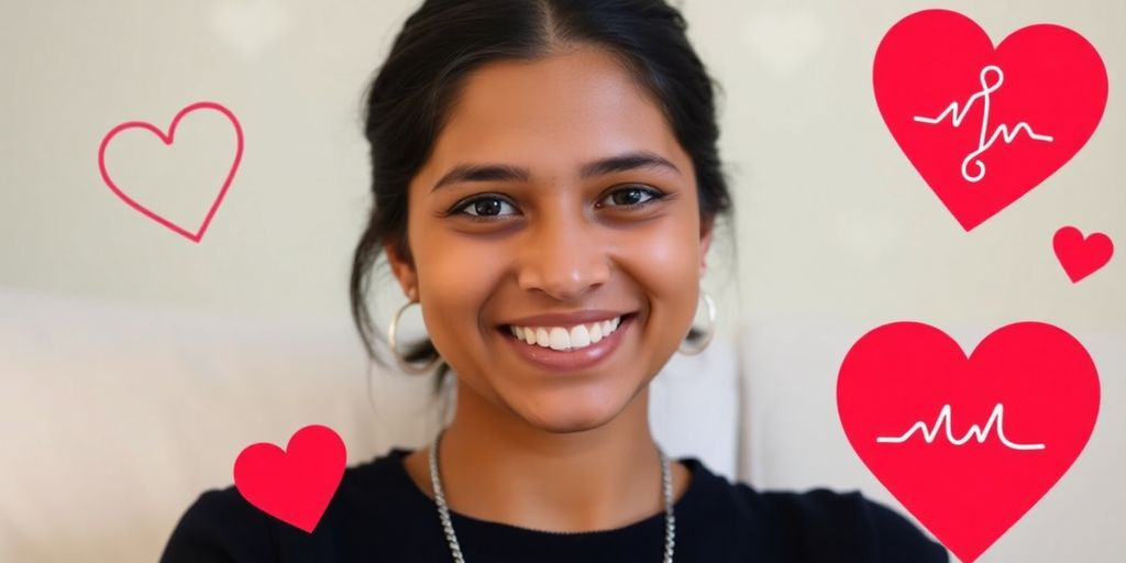 Portrait of Nancy Sharma with organ donation symbols.