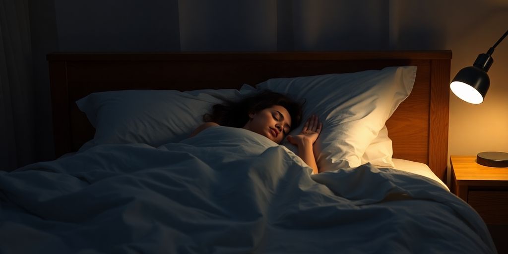 Person peacefully sleeping in a cozy, dimly lit bedroom.