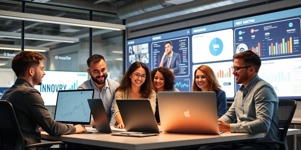 Profissionais de marketing digital em ambiente moderno.