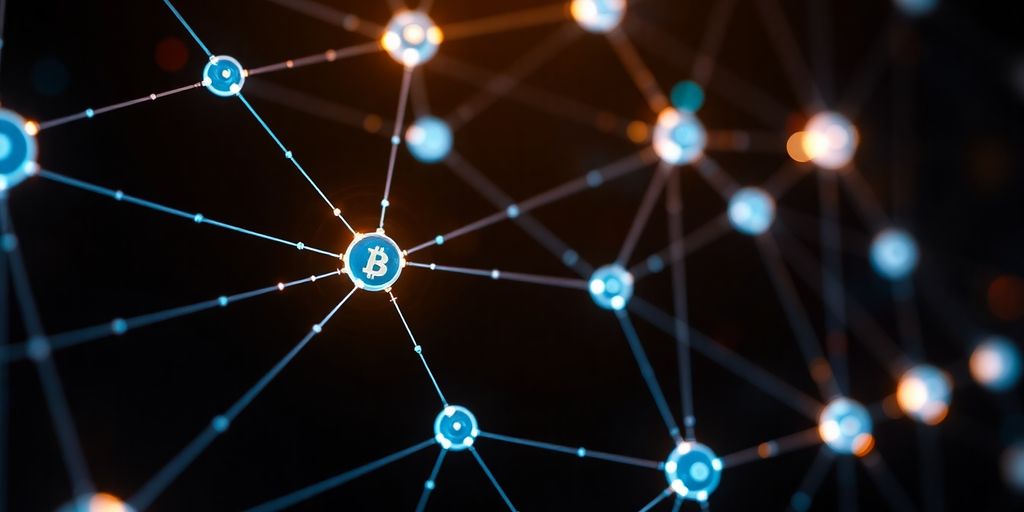 Futuristic blockchain network with glowing nodes and connections.