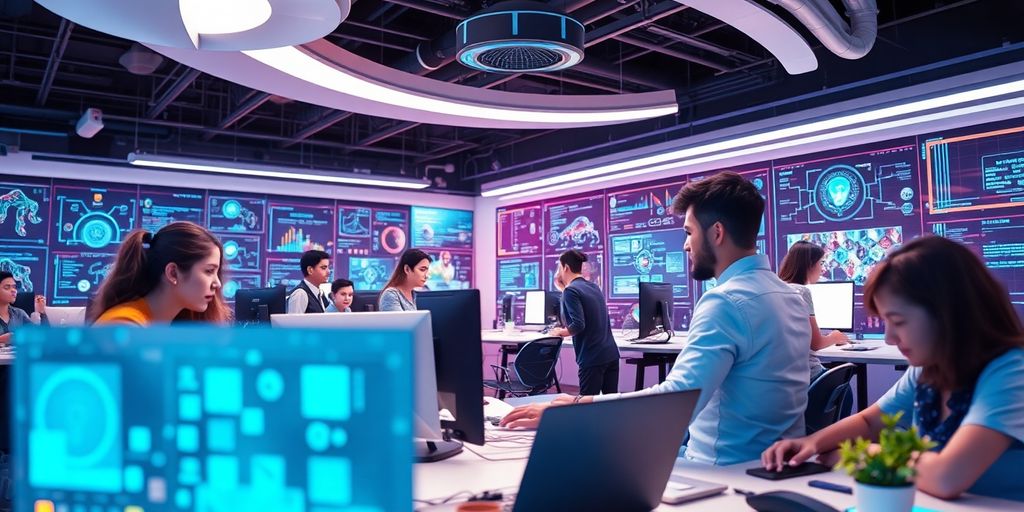 Diverse developers collaborating in a futuristic AI workspace.