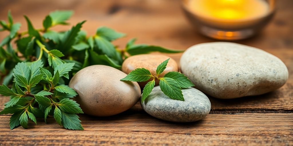 Herbal remedies and healing stones.