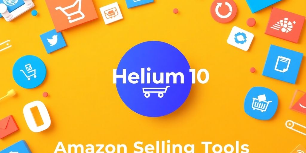 Helium 10 Logo mit E-Commerce Symbolen.