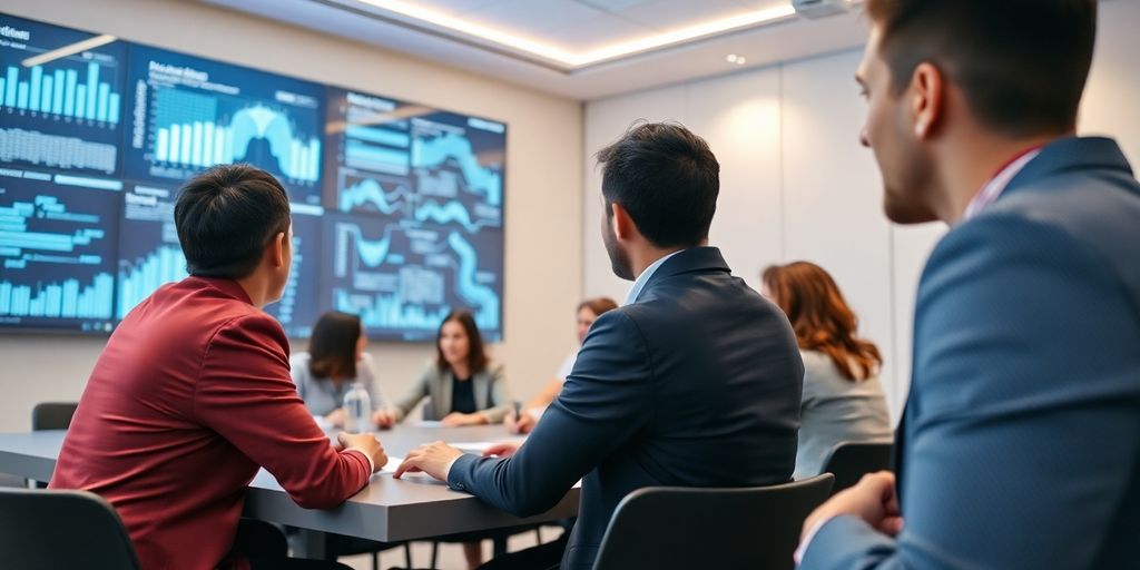 Boardroom with diverse professionals discussing digital strategy.