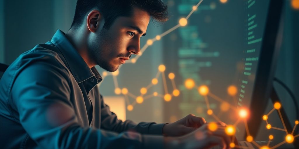 Homem codificando scripts de IA para dinheiro.