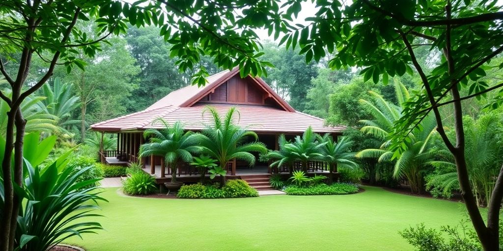 Traditional Thai house in lush Phuket landscape.
