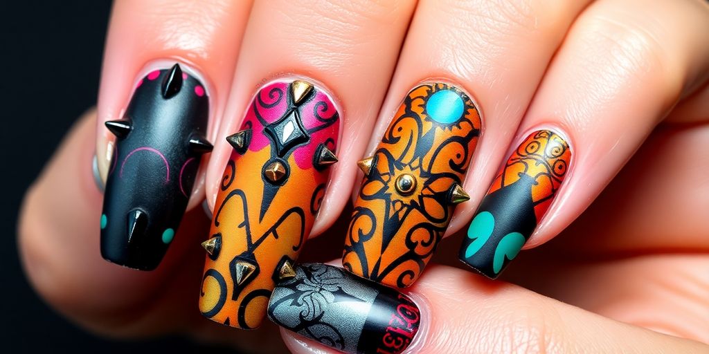 Design de unhas rock com cores vibrantes e texturas.