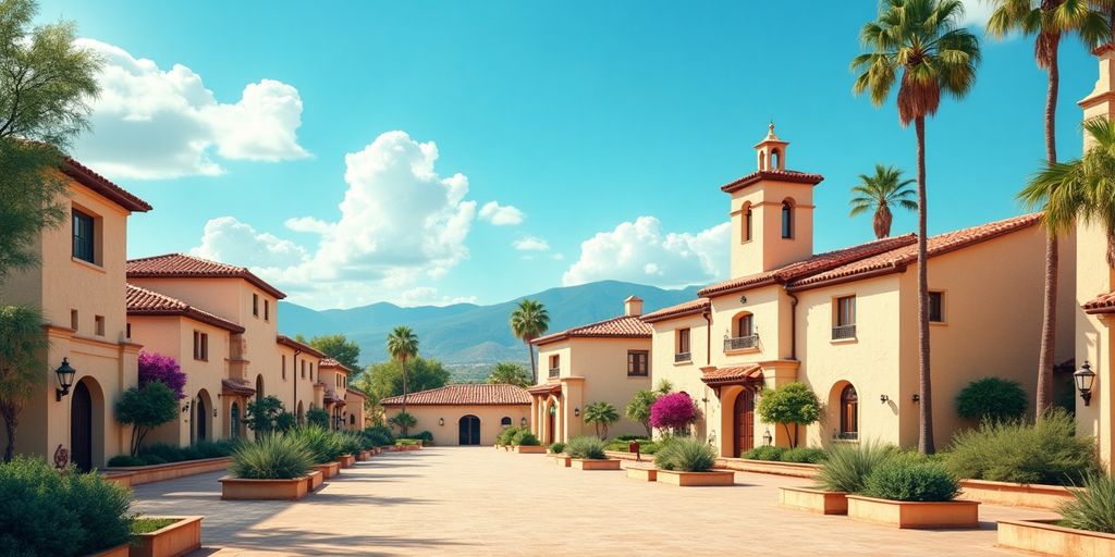 Landskap i Spanien med palmer och traditionell arkitektur.