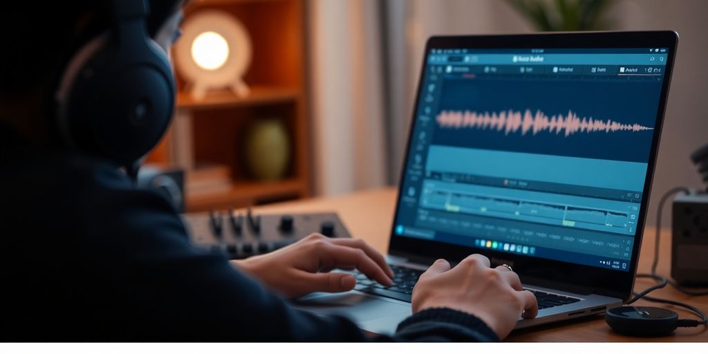 Person recording audio on a laptop in a cozy workspace.