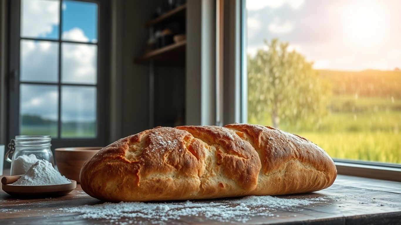 Fresh bread indoors contrasting sun and rain outside window