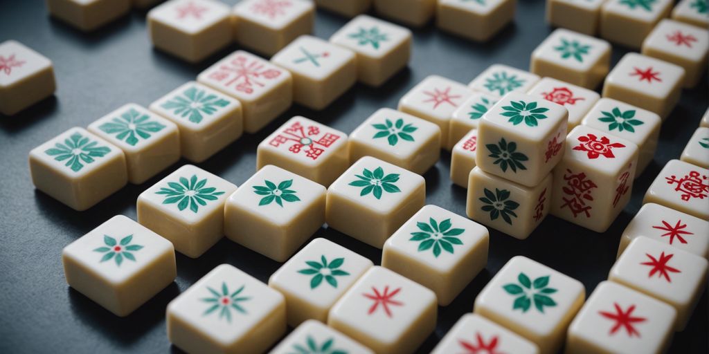 Mahjong number tiles in a strategic pattern on table.