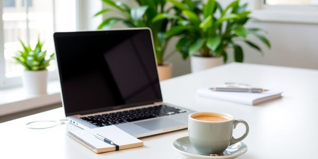 Modern workspace with laptop and notepad for SEO.