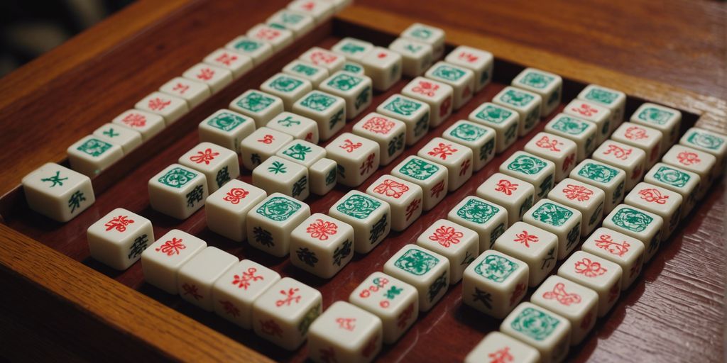Mahjong set with intricately designed tiles on a wooden table, perfect for an exciting game night.