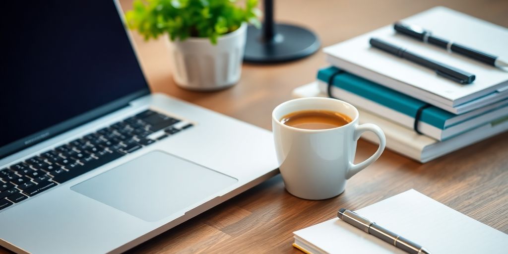 Laptop, coffee, notepad, pen, plant on desk.