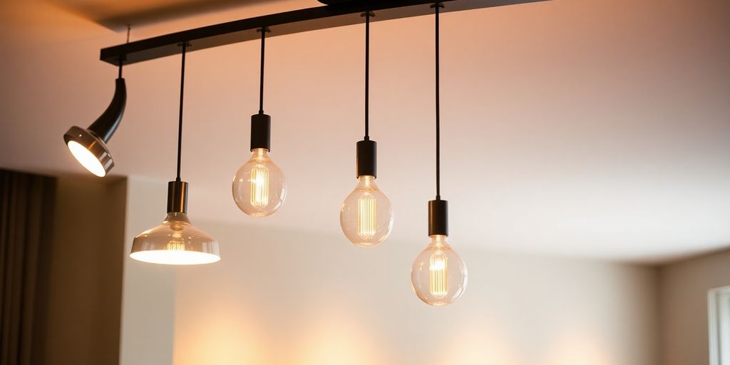 Modern track light pendants illuminating a stylish interior.