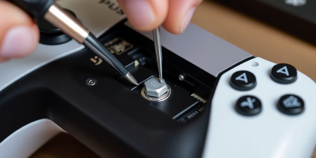 Disassembled PS5 controller with tools and replacement parts.
