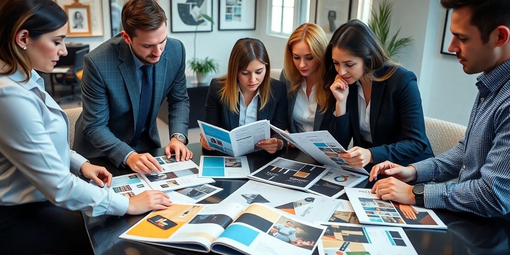 Business professionals reviewing agency portfolios.