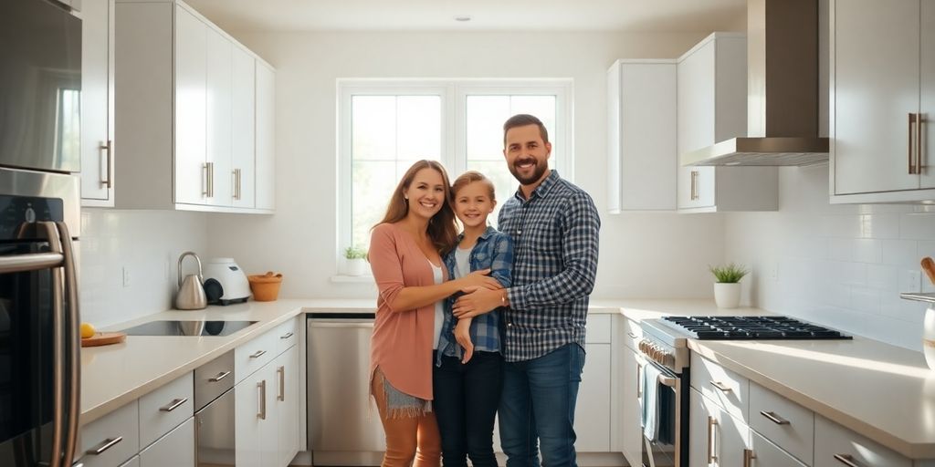 Remodeled kitchen interior with happy family.